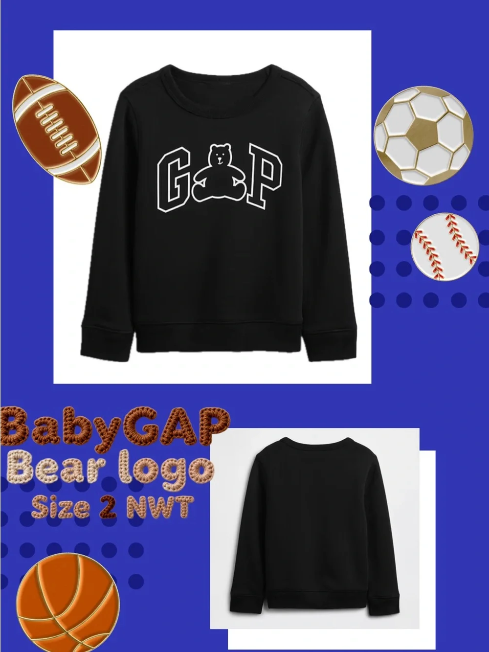 BabyGAP Kids' Black Bear Logo Sweatshirt Size 2 NWT
